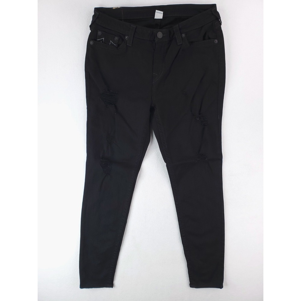 True Religion Jeans Womens 34 Black Curvy Skinny Ripped Torn Distressed Stretch